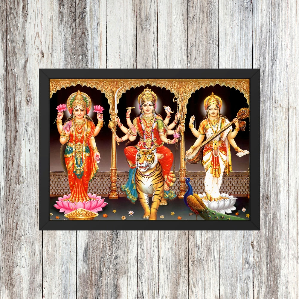 Goddess Durgadevi with Mahalaxmi and Saraswathi devi Wall Art - Durgadevi with Mahalaxmi and Saraswathi devi Hindu God Photo Frame
