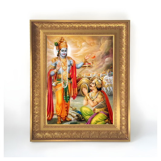 Premium Lord Krishna Arjuna Wall Art – Bhagavad Gita Krishna with Arjuna Hindu God Photo Frame
