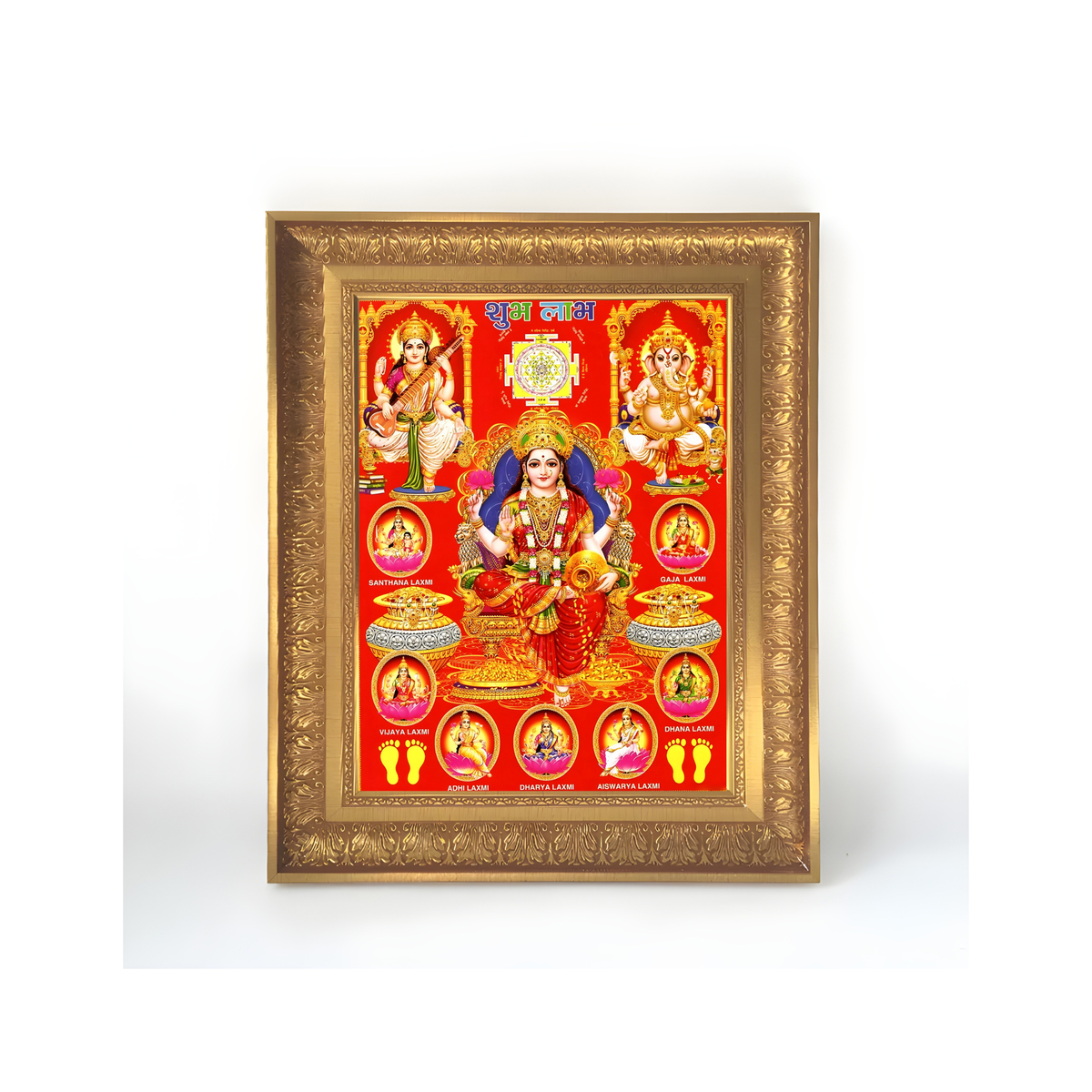 Premium Ashta Lakshmi Wall Art – Goddess Lakshmi with Ganesha and Saraswati Hindu God Photo Frame