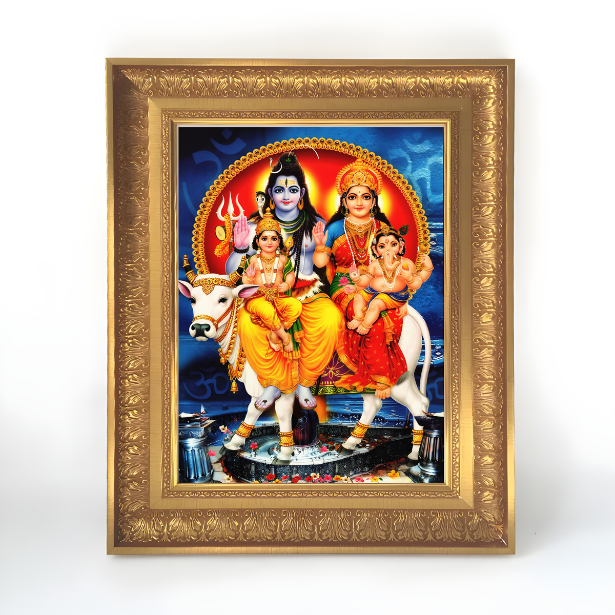 Premium Lord Shiva Family Wall Art – Shiva Parvati with Lord Ganesha and Kartikeya Hindu God Photo Frame