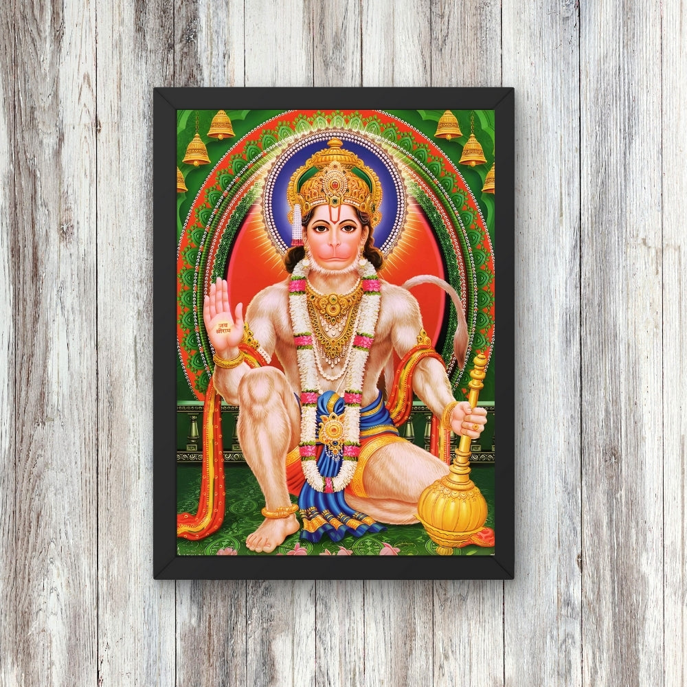 Lord Hanuman Wall Art – Seated Lord Hanuman with Gada Hindu God Photo Frame
