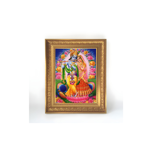 Premium Radha Krishna Wall Art – Lord Krishna Playing Flute with Goddess Radha Hindu Divine Couple Photo Frame