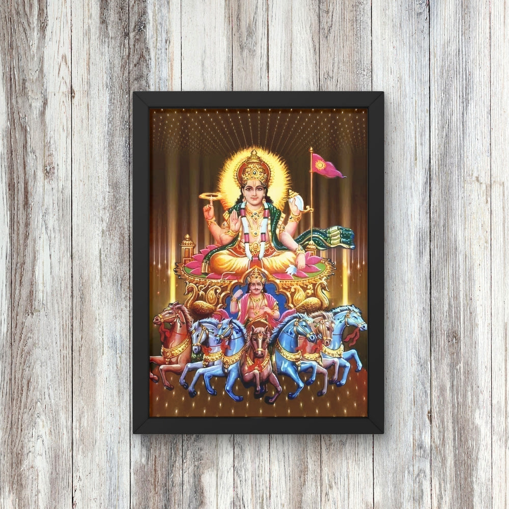 Surya Dev Wall Art – Lord Surya with Seven Horses Hindu God Photo Frame for Home & Puja Room