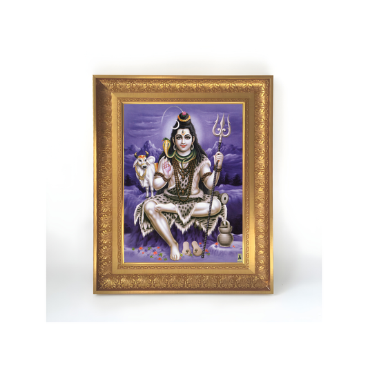 Premium Lord Shiva Wall Art – Mahadev Shiva with Nandi and Trishul Hindu God Devotional Photo Frame