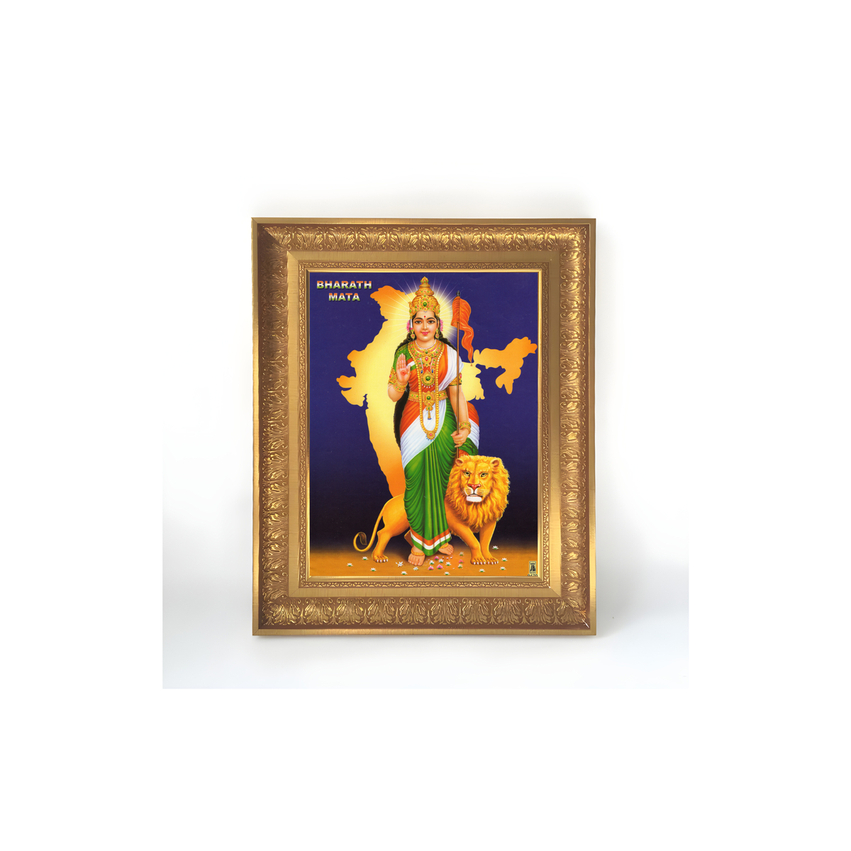Premium Bharat Mata Wall Art – Mother India with Lion and National Flag Hindu Devotional Photo Frame