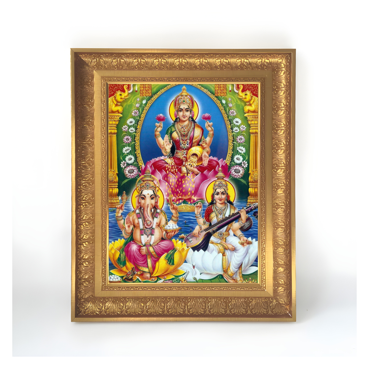 Premium Lakshmi Ganesha Saraswati Wall Art – Hindu Goddess Lakshmi Ganesha Saraswati Divine Photo Frame