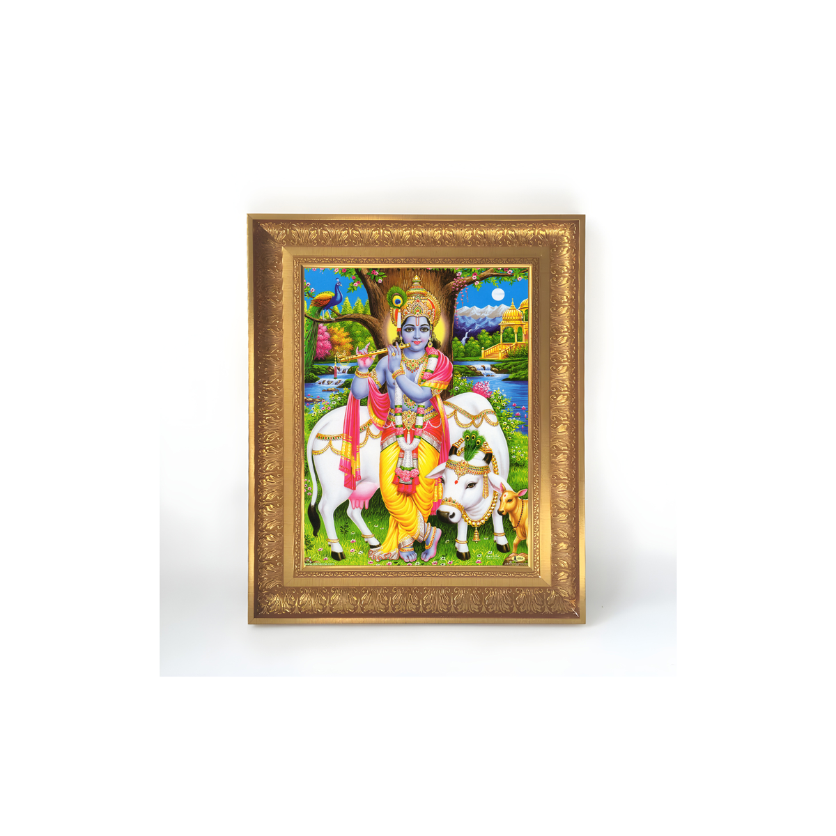 Premium Lord Krishna Wall Art – Flute Playing Krishna with Cow Hindu God Photo Frame
