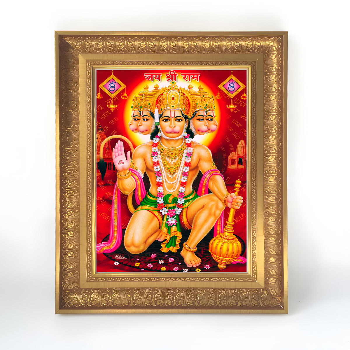 Premium Panchmukhi Hanuman Wall Art – Five-Faced Lord Hanuman with Gada Hindu God Photo Frame