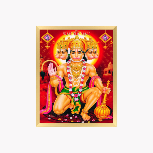 Panchmukhi Hanuman Wall Art – Five-Faced Lord Hanuman with Gada Hindu God Photo Frame