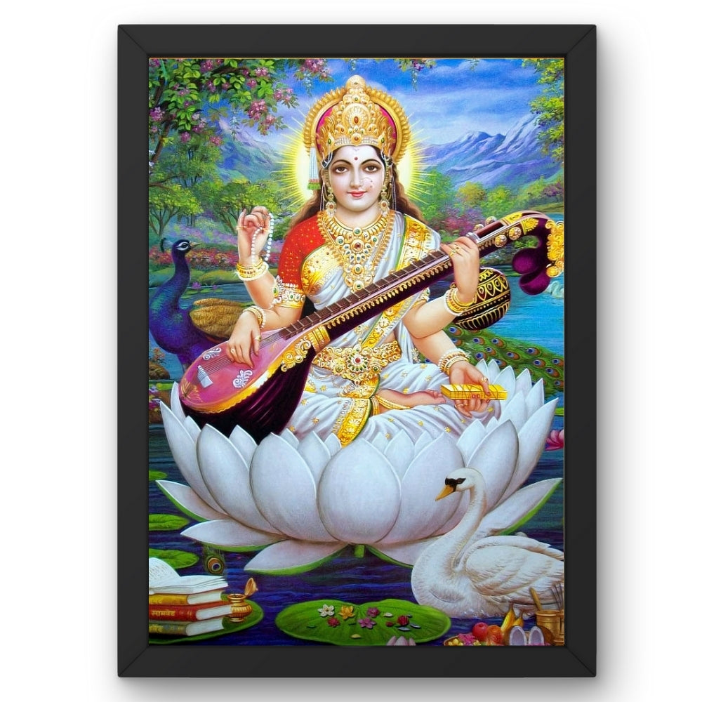 Goddess Saraswati Wall Art – Maa Saraswati with Veena Hindu Goddess Photo Frame