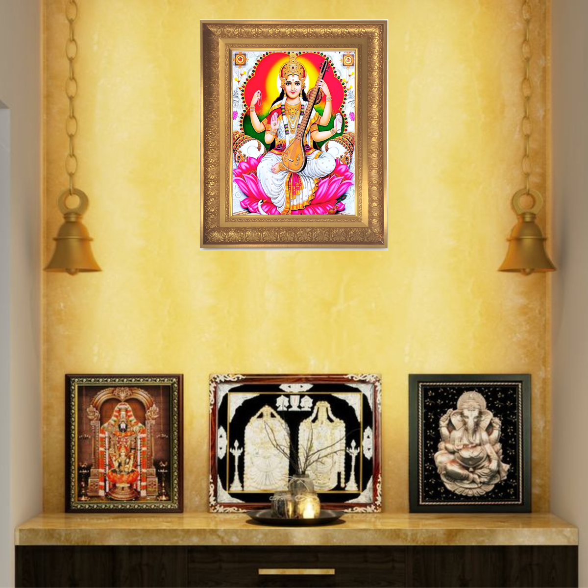 Premium Goddess Saraswati Wall Art – Maa Saraswati with Veena Hindu Goddess Photo Frame
