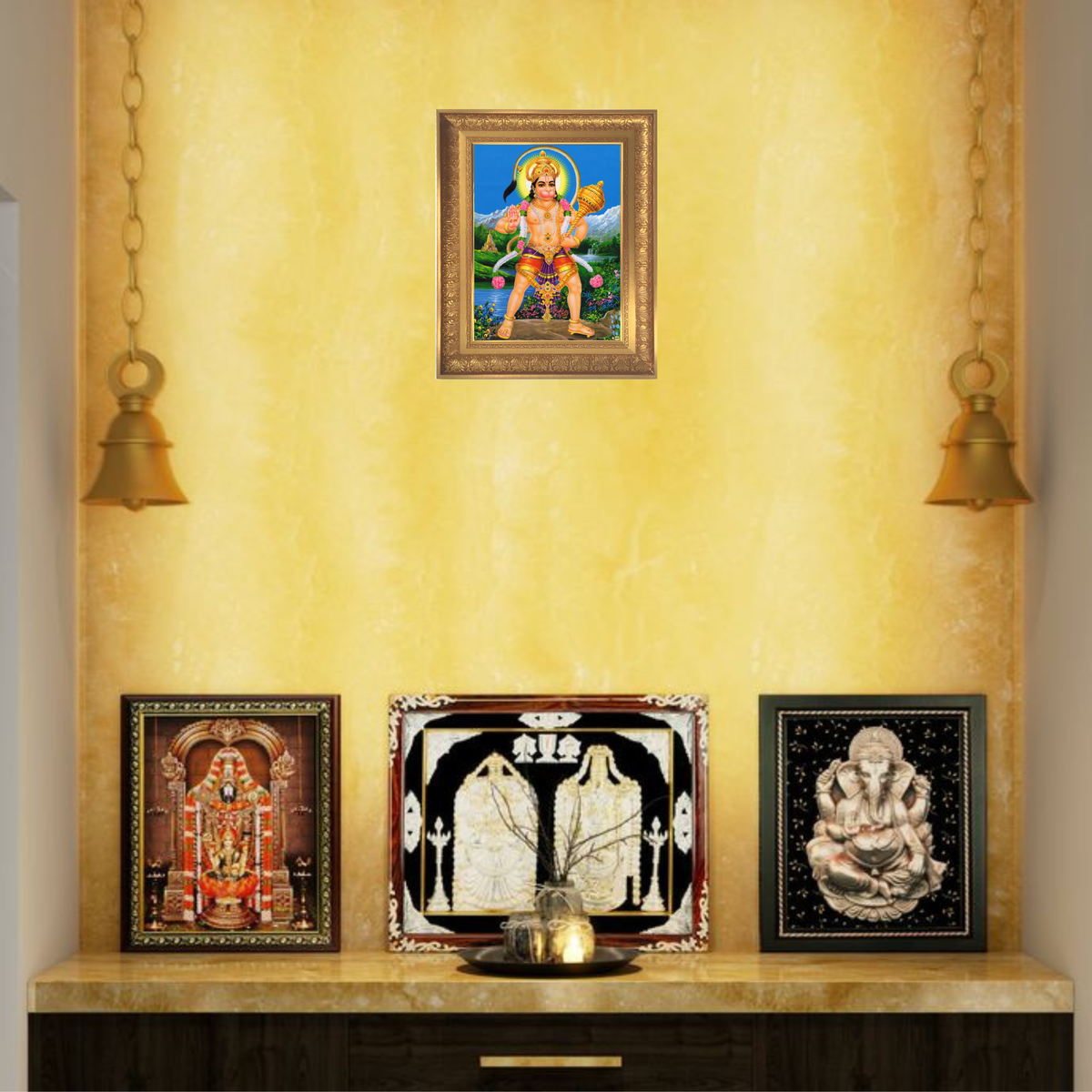 Premium Lord Hanuman Wall Art – Bajrangbali with Gada Hindu God Photo Frame