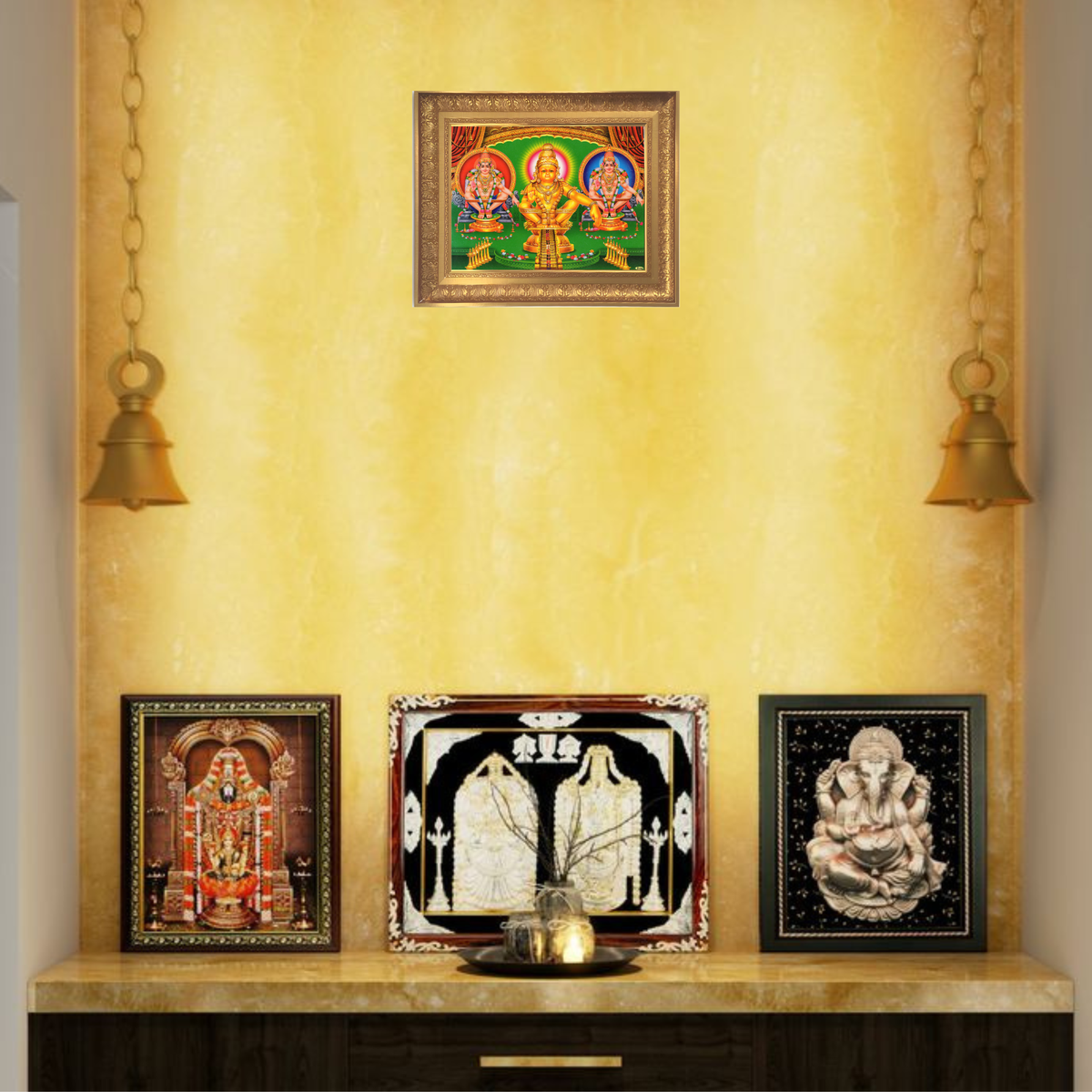 Premium Ayyappa Swamy Wall Art – Lord Ayyappa with Poorna and Pushkala Hindu God Photo Frame