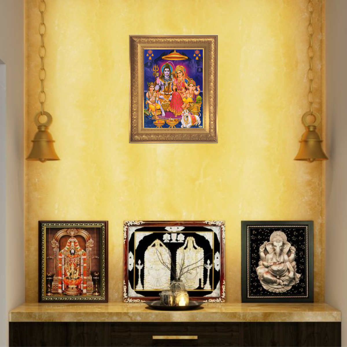 Premium Shiva Parivar Wall Art – Lord Shiva, Goddess Parvati, Lord Ganesha & Kartikeya Hindu Family Photo Frame