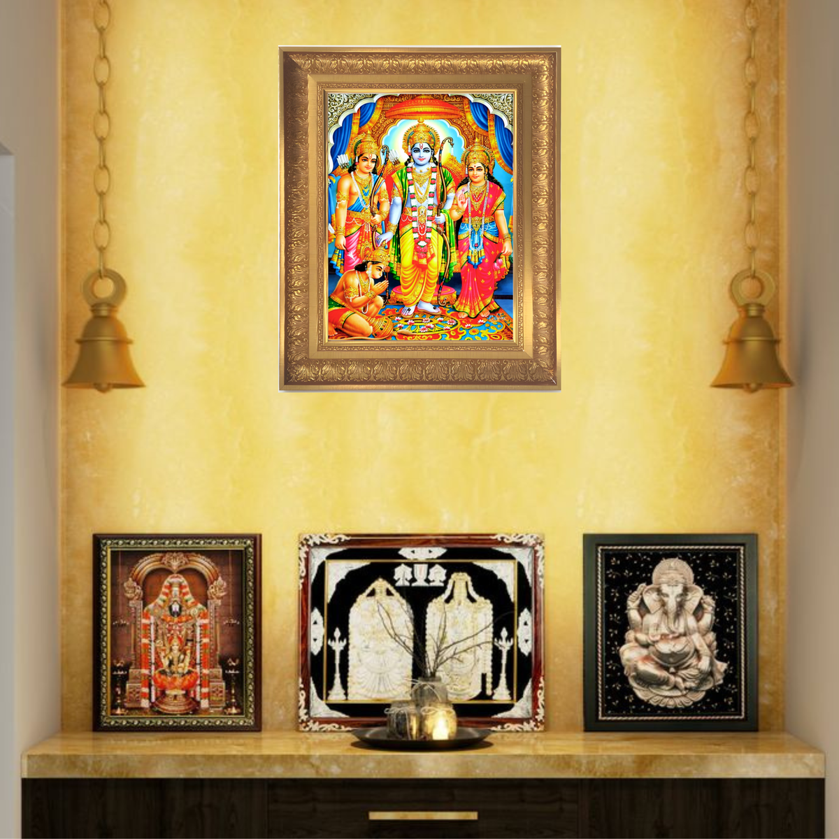 Premium Lord Rama Wall Art – Ram Darbar with Sita, Lakshmana & Hanuman Hindu God Photo Frame