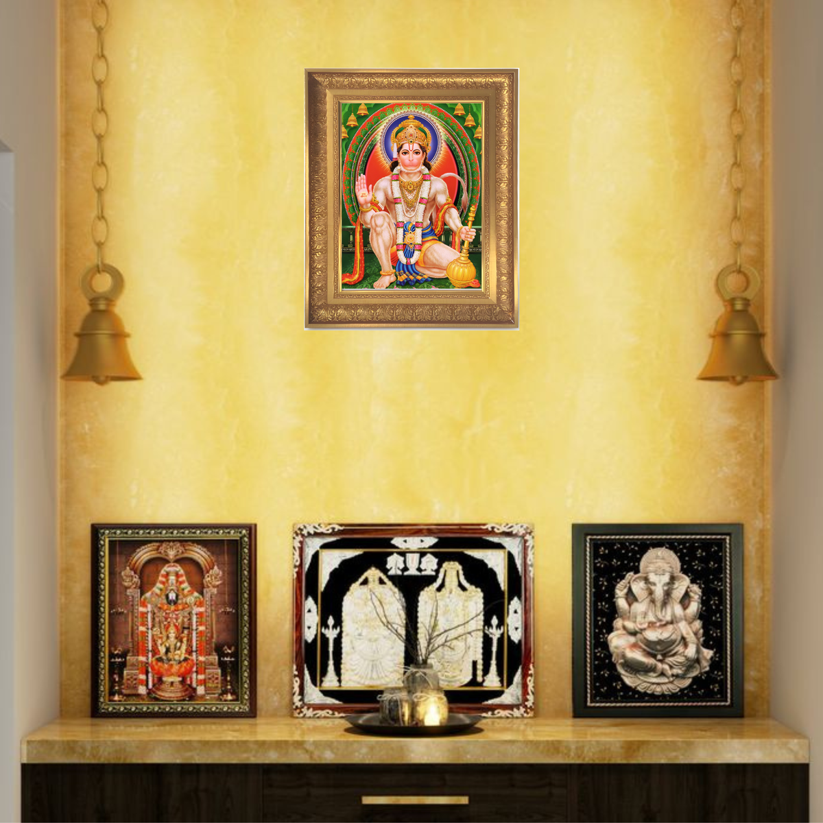 Premium Lord Hanuman Wall Art – Seated Lord Hanuman with Gada Hindu God Photo Frame