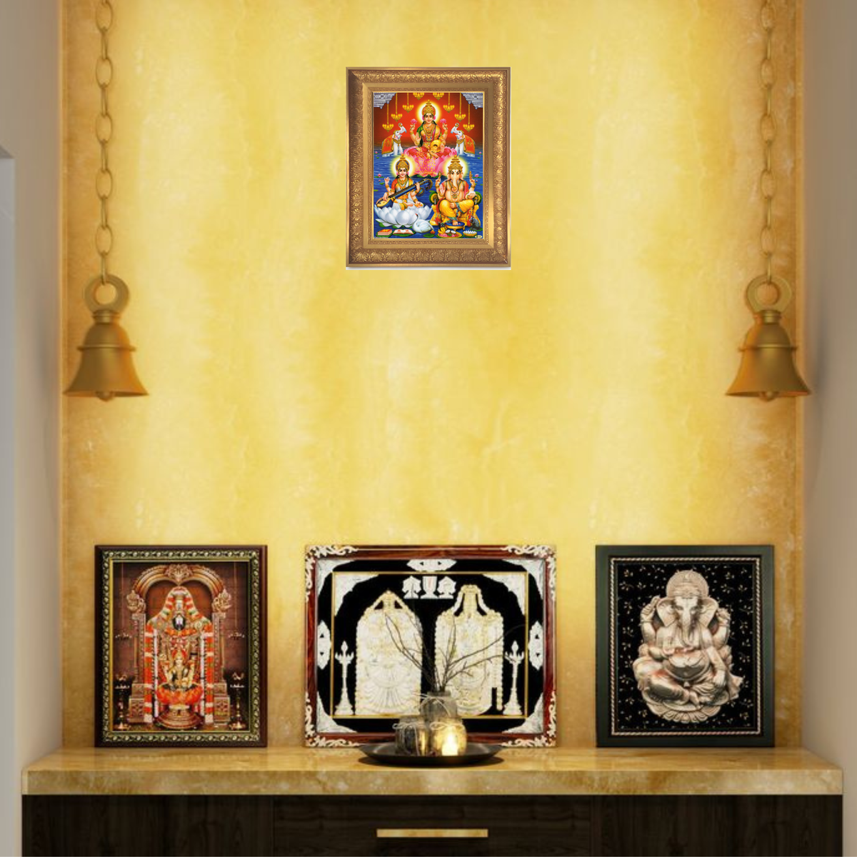 Premium Lakshmi Ganesha Saraswati Wall Art – Goddess Lakshmi, Lord Ganesha and Goddess Saraswati Hindu God Photo Frame