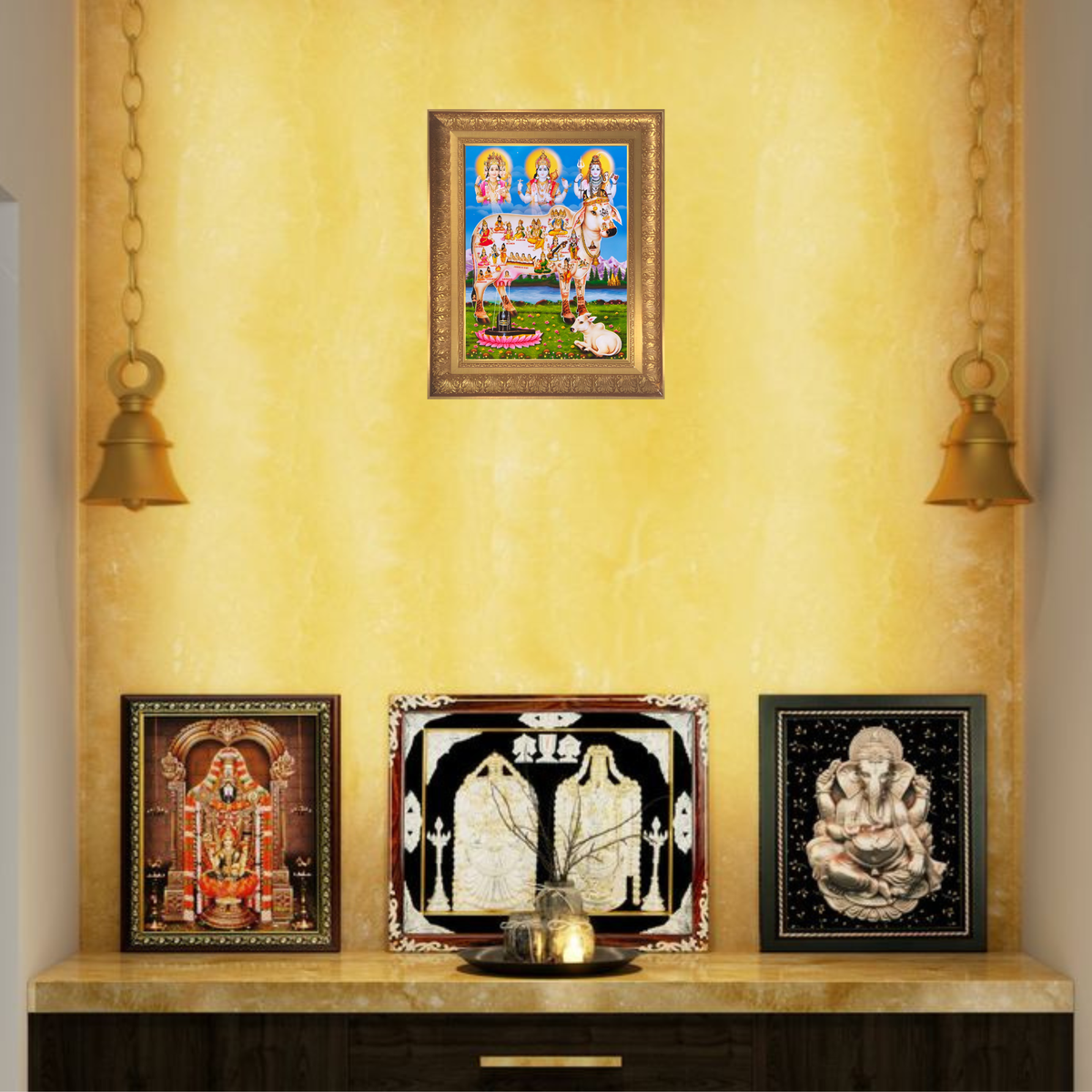 Premium Kamadhenu Wall Art – Divine Cow with Hindu Gods & Deities Hindu Religious Photo Frame