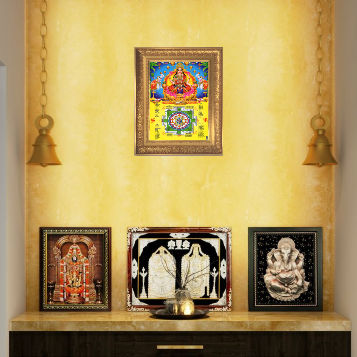 Premium Maha Lakshmi Wall Art – Goddess Lakshmi with Sri Yantra Hindu Religious Photo Frame