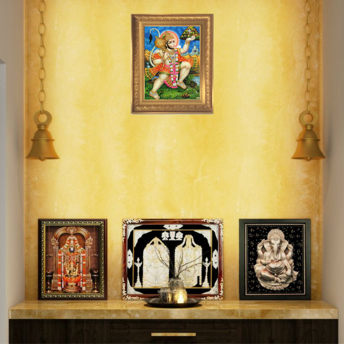 Premium Hanuman Sanjeevani Wall Art – Lord Hanuman Carrying Sanjeevani Mountain Hindu God Photo Frame
