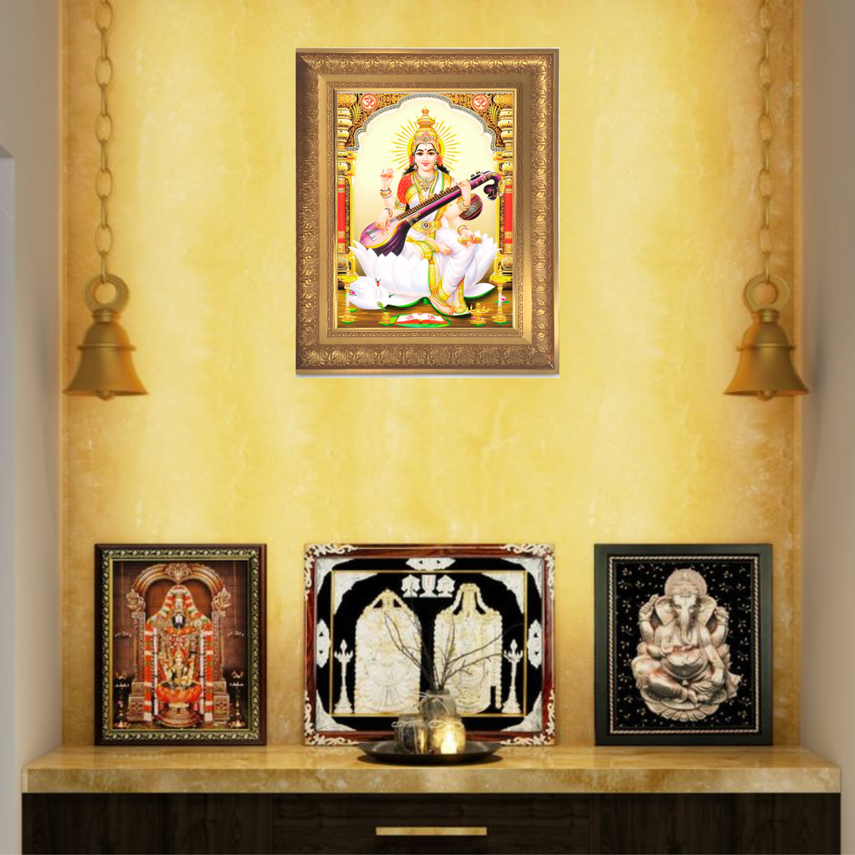 Premium Goddess Saraswati Wall Art – Maa Saraswati Veena Hindu Goddess Photo Frame
