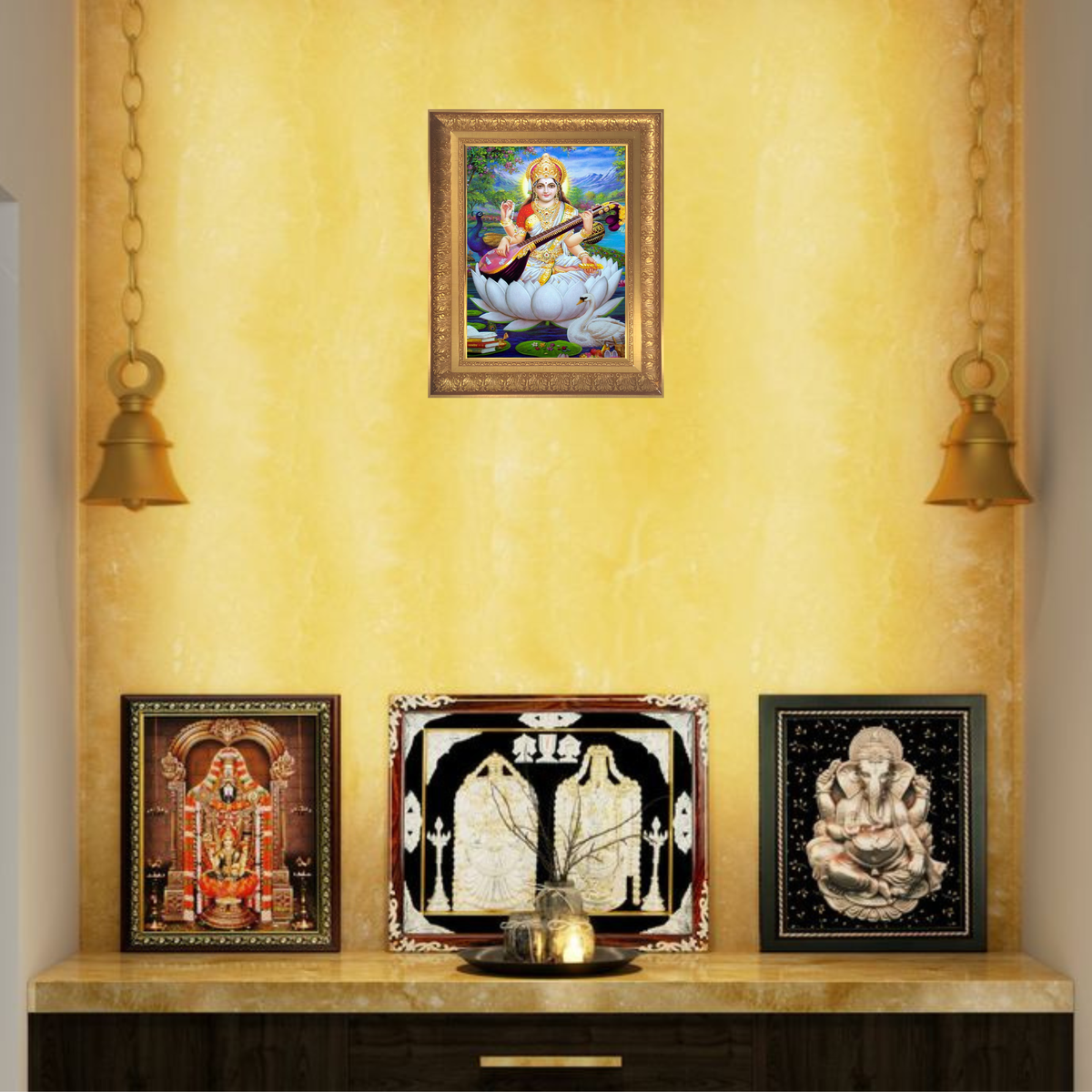 Premium Goddess Saraswati Wall Art – Maa Saraswati with Veena Hindu Goddess Photo Frame