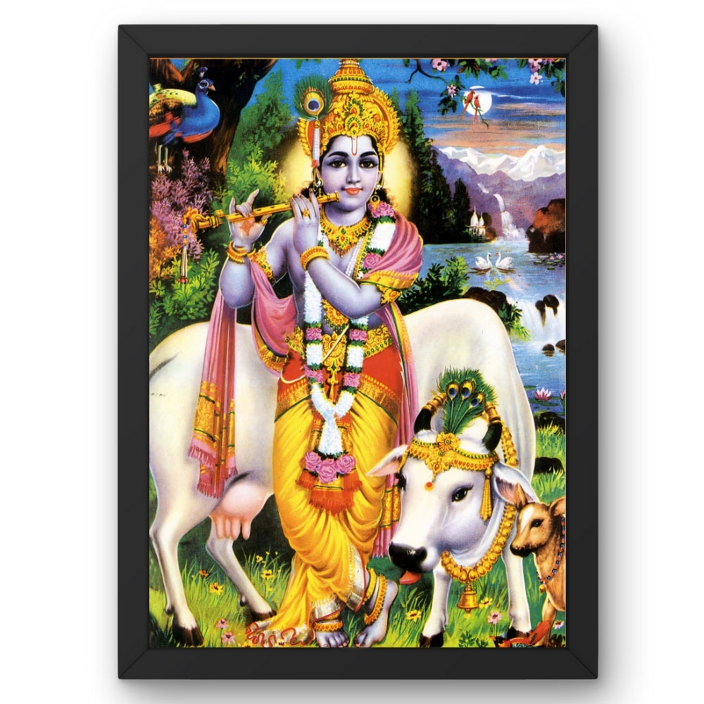Lord Krishna with Cows Wall Art – Shri Krishna Playing Flute Hindu God Photo Frame