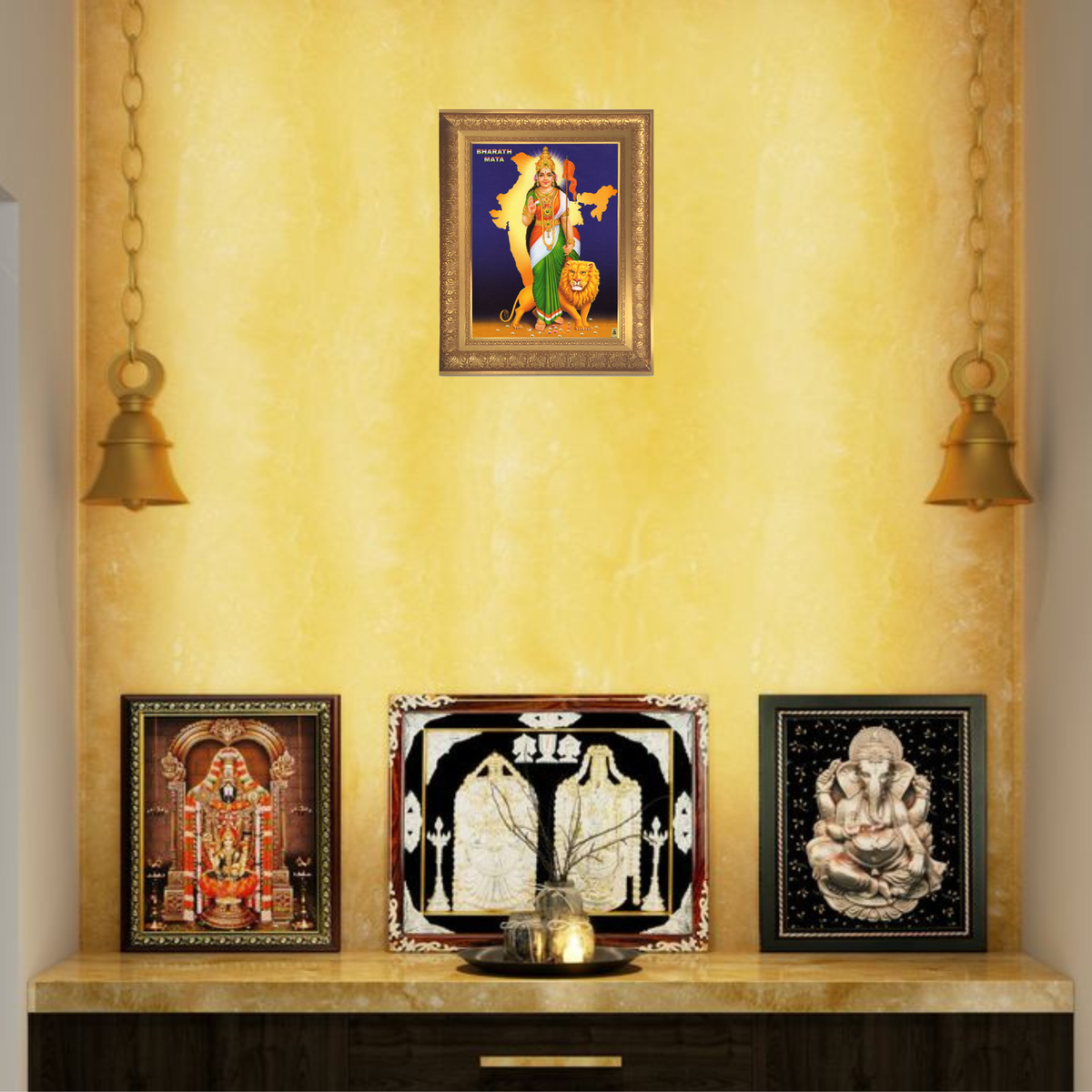 Premium Bharat Mata Wall Art – Mother India with Lion and National Flag Hindu Devotional Photo Frame