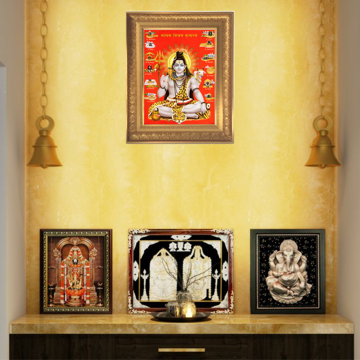 Premium Lord Shiva Wall Art – Mahadev with 12 Jyotirlingas Hindu God Photo Frame