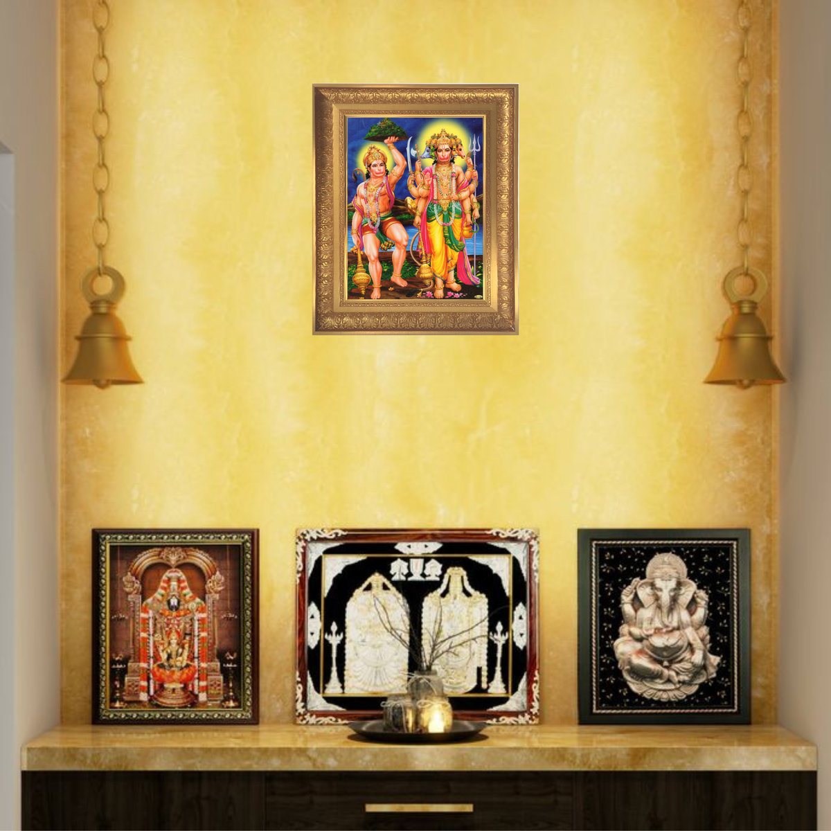 Premium Panchmukhi Hanuman Wall Art – Five-Faced Hanuman with Sanjeevani Mountain Hindu God Photo Frame