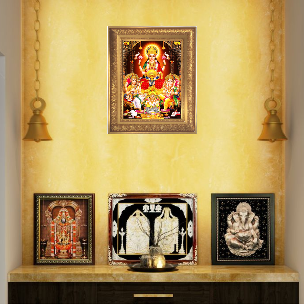 Premium Goddess Lakshmi Ganesha Saraswati Wall Art – Hindu Gods Devotional Photo Frame