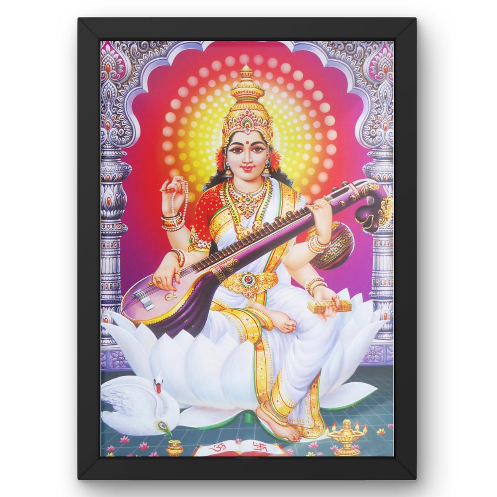 Goddess Saraswati Wall Art – Maa Saraswati Veena Hindu Goddess Photo Frame for Home & Puja Room  Description