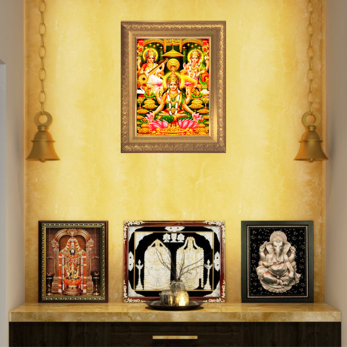 Premium Goddess Lakshmi Wall Art – Lakshmi Saraswati Ganesha Hindu Gods Photo Frame