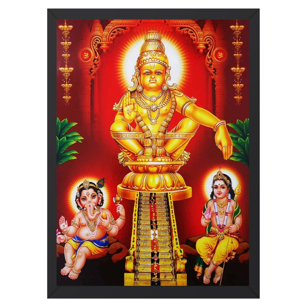 Lord  Ayyappa wall art -Ayyappa swamy with Ganapathi and Karthikeya Hindhu God Photo Frame