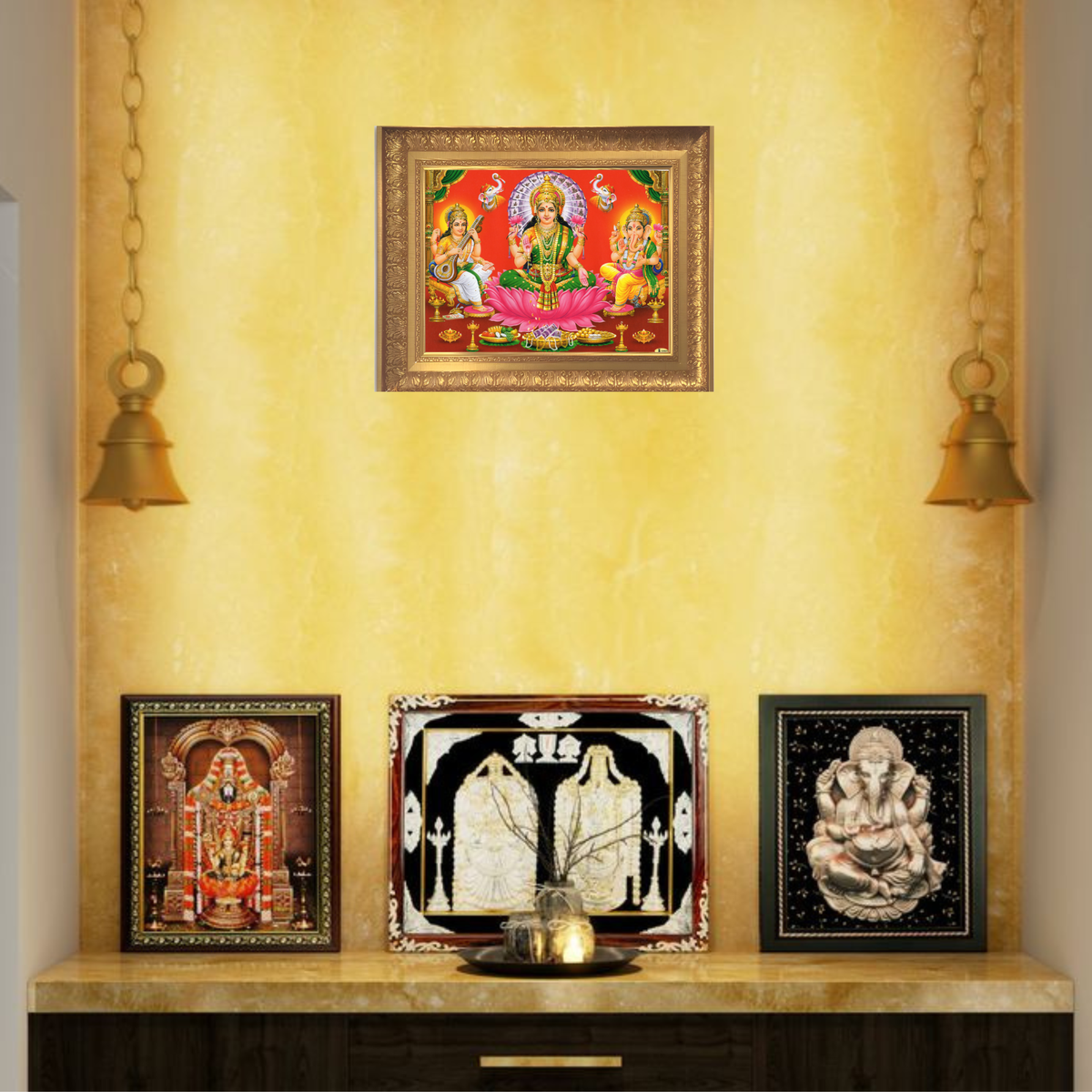 Premium Lakshmi Saraswati Ganesha Wall Art – Goddess Lakshmi, Saraswati & Lord Ganesha Hindu God Photo Frame