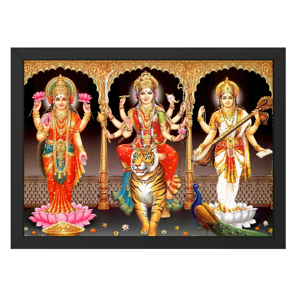 Goddess Durgadevi with Mahalaxmi and Saraswathi devi Wall Art - Durgadevi with Mahalaxmi and Saraswathi devi Hindu God Photo Frame