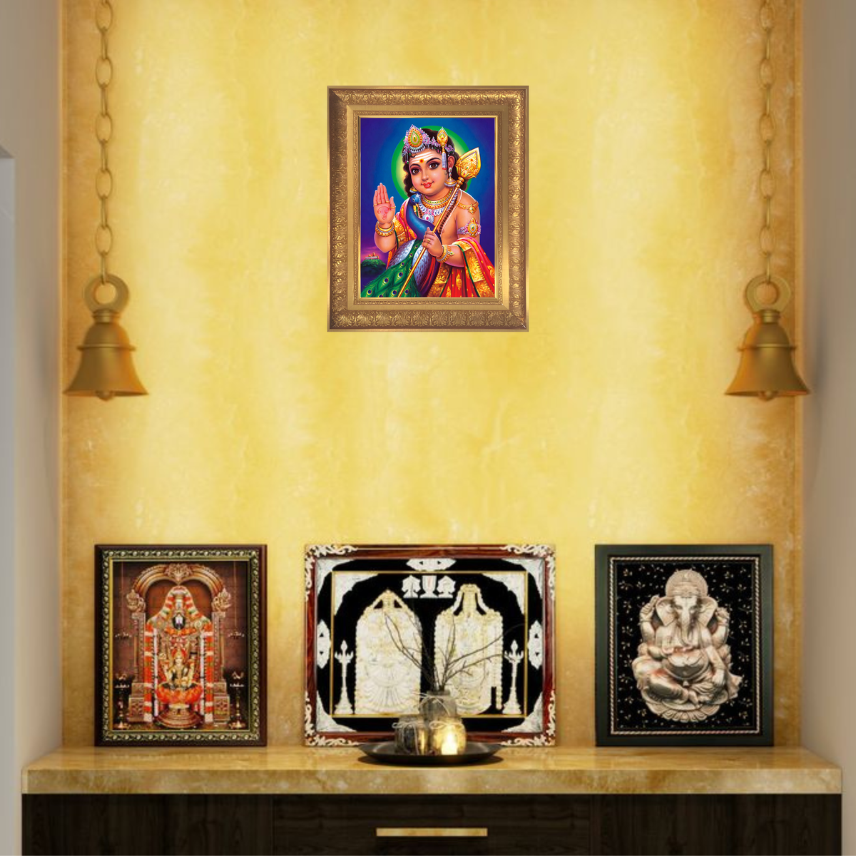Premium Bala Murugan Wall Art – Lord Murugan with Peacock Hindu God Photo Frame