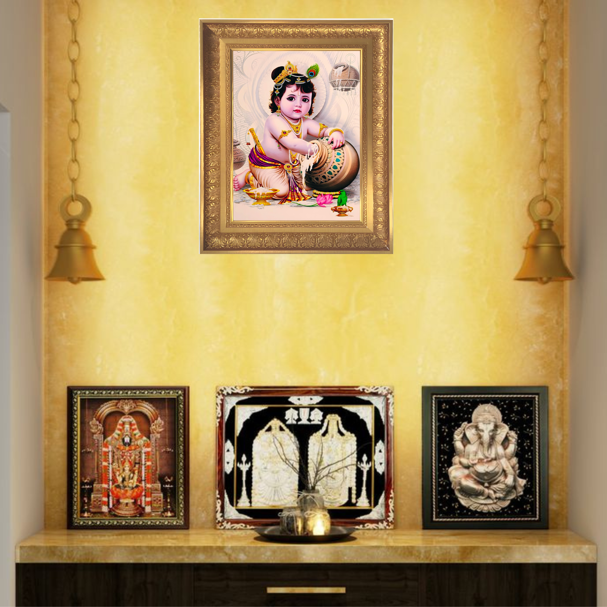 Premium Balakrishna Wall Art – Baby Krishna with Butter Hindu God Photo Frame