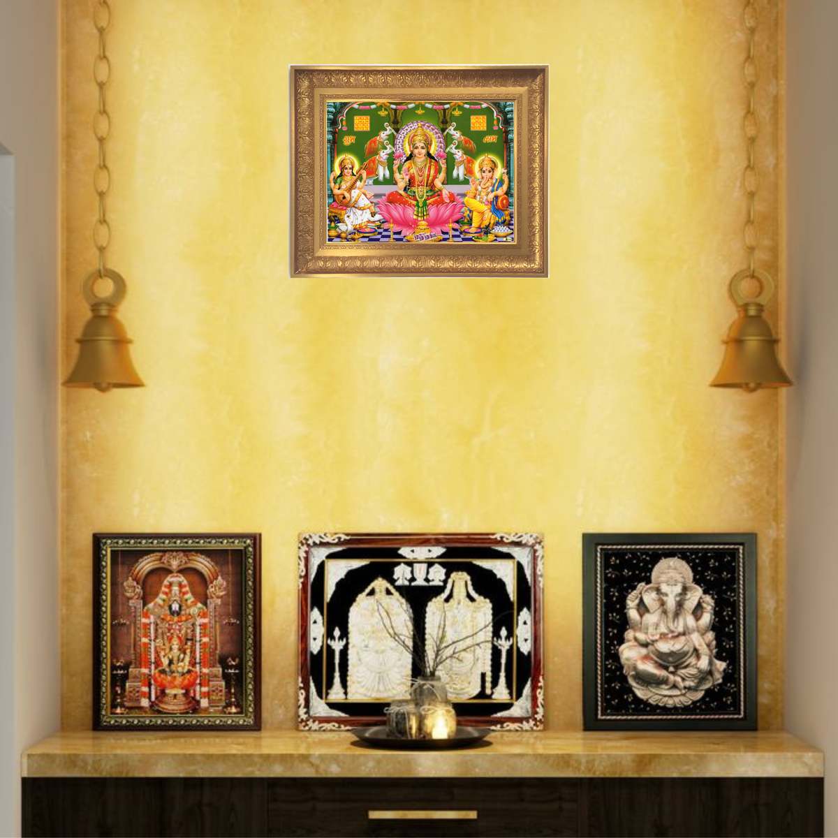 Premium Goddess Lakshmi, Saraswati & Ganesha Wall Art – Hindu Gods of Wealth, Knowledge and Prosperity Photo Frame