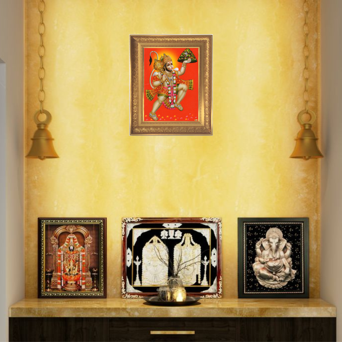 Premium Lord Hanuman Wall Art – Sanjeevani Mountain Carrying Hanuman Hindu God Photo Frame