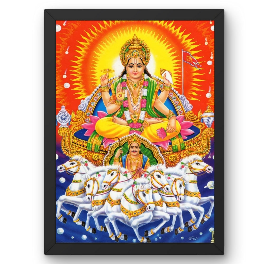Surya Dev Wall Art – Lord Surya Sun God on Seven Horses Hindu Religious Photo Frame
