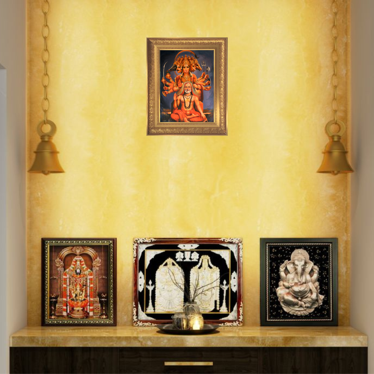Premium Panchmukhi Hanuman Wall Art with Ragavendra swamy – Five-Faced Lord Hanuman Hindu God Photo Frame | Spiritual Home Décor