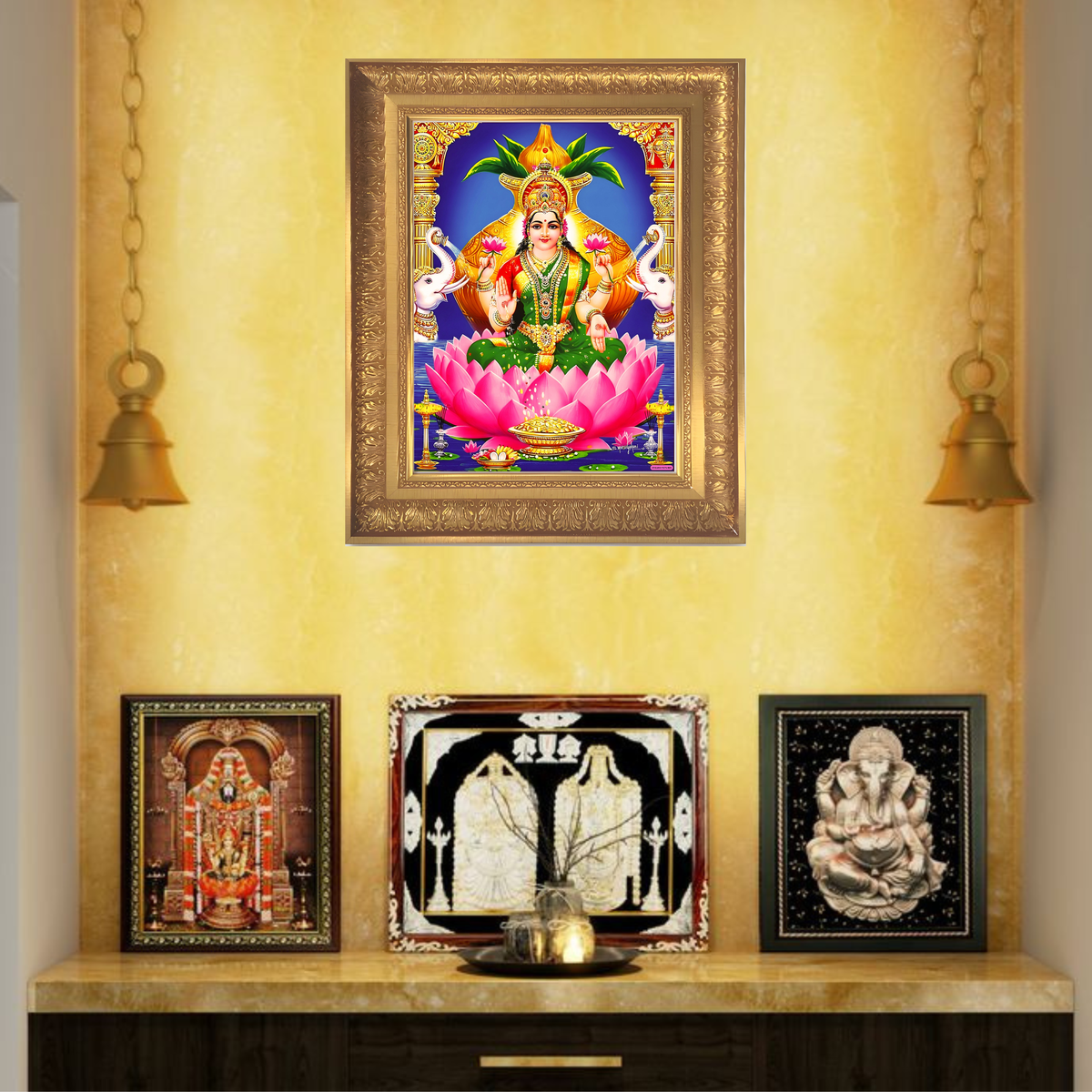 Premium Goddess Lakshmi Wall Art – Lakshmi Devi with Elephants Lotus Hindu Goddess Photo Frame