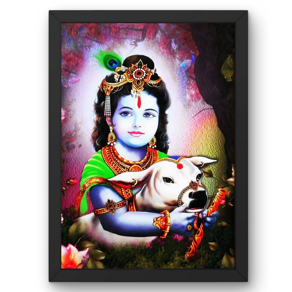 Bal Krishna with Cow Wall Art – Lord Krishna Hindu God Devotional Photo Frame