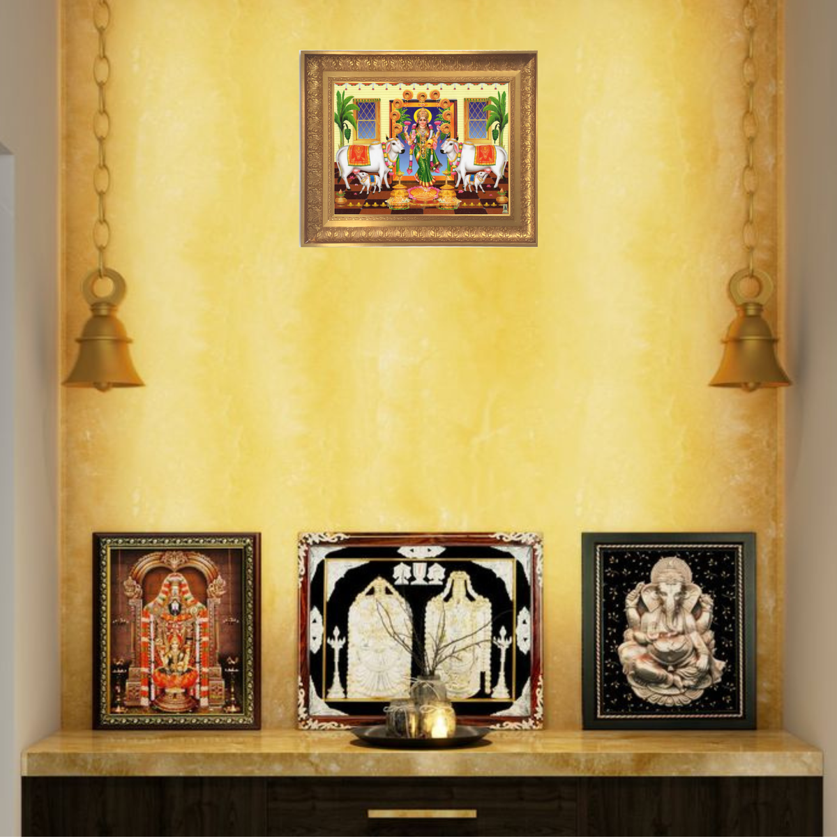Premium Goddess Lakshmi with Kamadhenu Cows Wall Art – Hindu Goddess Lakshmi Photo Frame