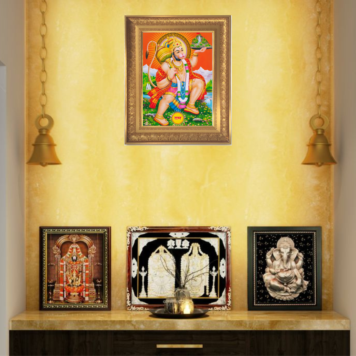 Premium Lord Hanuman Wall Art – Sanjeevani Mountain Carrying Hanuman Hindu God Photo Frame