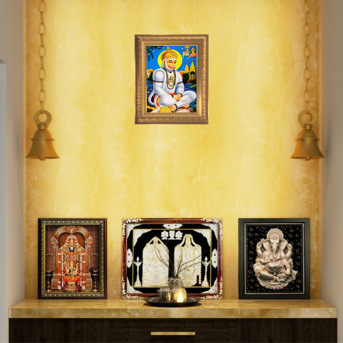 Premium Lord Hanuman Wall Art – Bajrangbali with Lord Rama on His Chest Hindu God Photo Frame