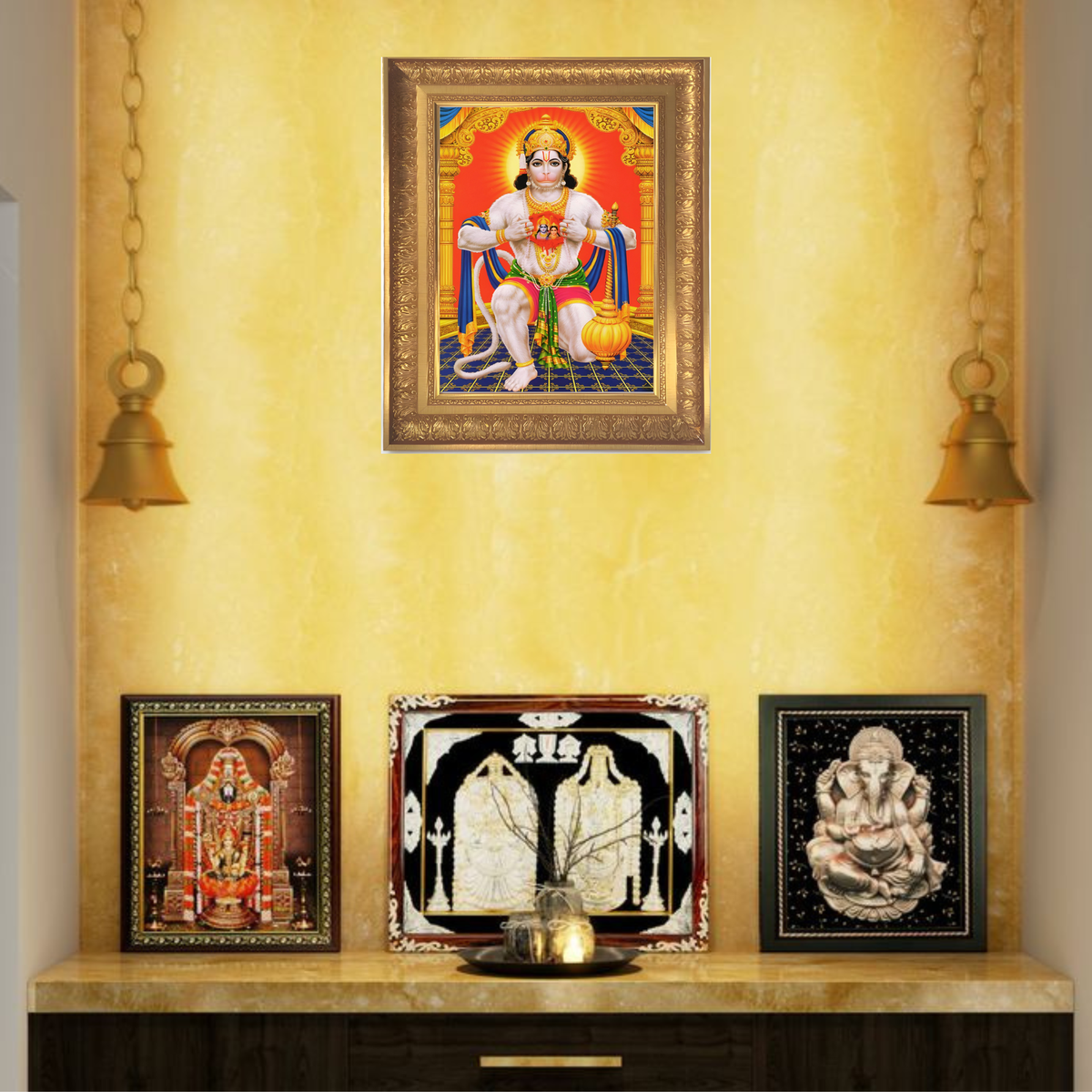 Premium Lord Hanuman Wall Art – Seated Lord Hanuman with Gada Hindu God Photo Frame