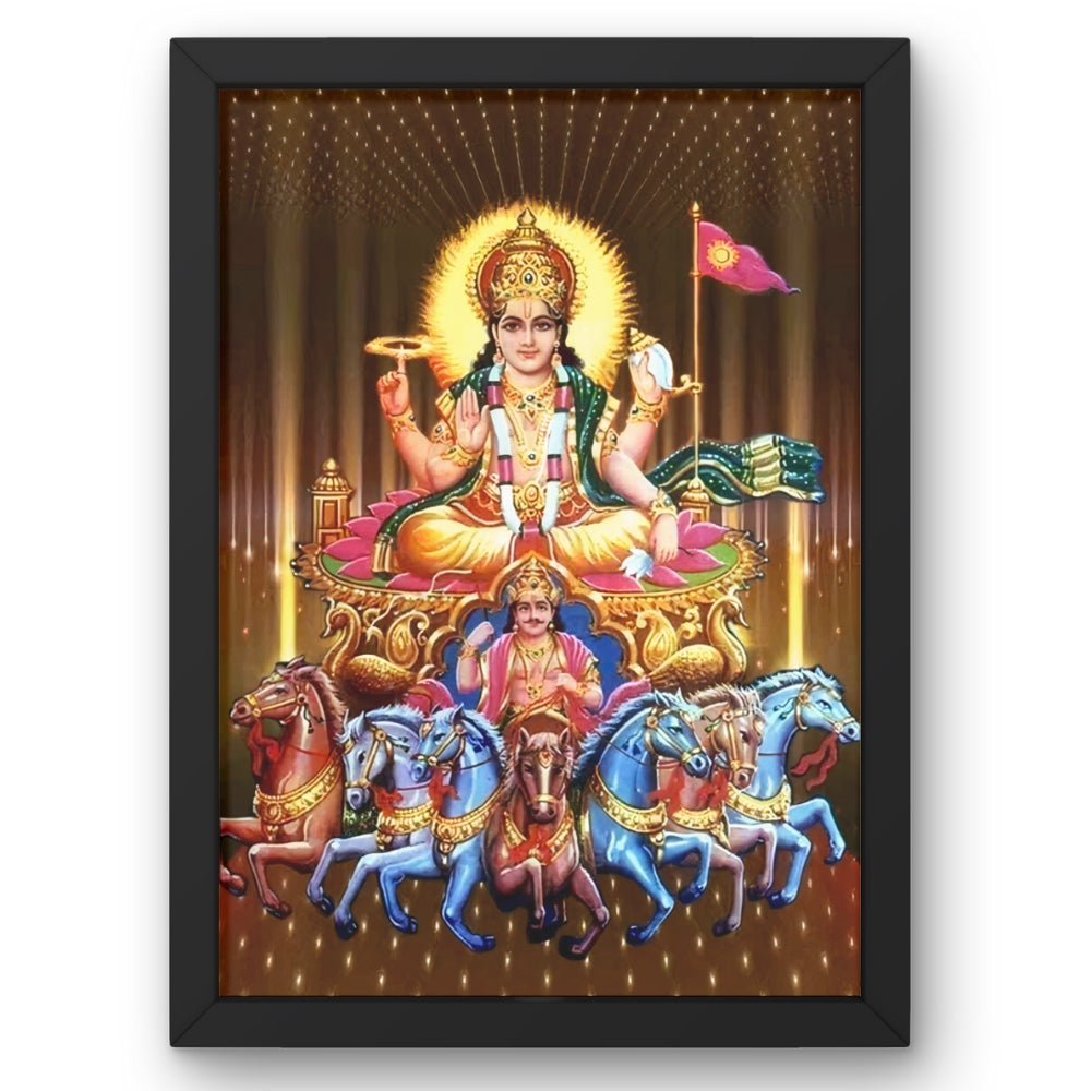 Surya Dev Wall Art – Lord Surya with Seven Horses Hindu God Photo Frame for Home & Puja Room