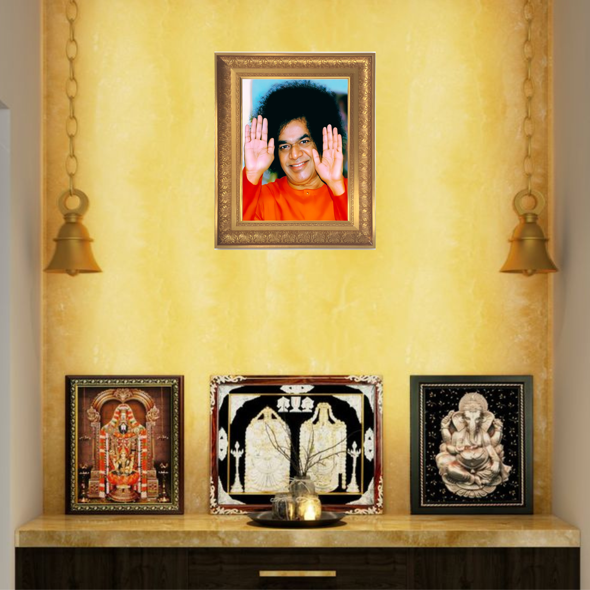 Premium Puttaparthi Sai Baba Wall Art – Sri Sathya Sai Baba Photo Frame | Spiritual Hindu Religious Home Décor